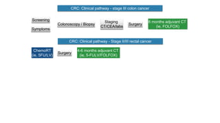 CRC: Clinical pathway - stage III colon cancer
Screening
Symptoms
Colonoscopy / Biopsy
Staging
CT/CEA/labs
Surgery
6 months adjuvant CT
(ie, FOLFOX)
CRC: Clinical pathway - Stage II/III rectal cancer
Surgery
4-6 months adjuvant CT
(ie, 5-FULV/FOLFOX)
ChemoRT
(ie, 5FU/LV)
 