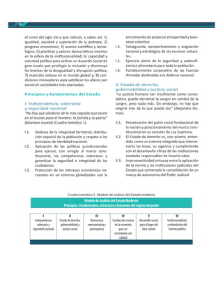 30
el curso del siglo y que radican, a saber, en: 1)
igualdad, equidad y superación de la pobreza; 2)
progreso económico; 3) avance cien ﬁco y tecno-
lógico; 5) prác cas y valores democrá cos insertos
en la esfera de la ins tucionalidad; 6) capacidad y
voluntad polí ca para ac var un Acuerdo Social de
gran escala que privilegie la inclusión y disminuya
las brechas de la desigualdad y disrupción polí ca;
7) inserción exitosa en el mundo global y; 8) con-
diciones innovadoras para sa sfacer los afanes por
construir sociedades más avanzadas.
Principios y fundamentos del Estado
I. Independencia, soberanía
y seguridad nacional
“No hay que olvidarse de lo más sagrado que existe
en el mundo para el hombre: la familia y la patria”
(Mariano Azuela) (Cuadro temá co 1).
I.1. Defensa de la integridad territorial, distribu-
ción espacial de la población y respeto a los
principios de iden dad nacional.
I.2. Aplicación de las polí cas jurisdiccionales
para ejercer, con arreglo al marco cons-
tucional, las competencias soberanas y
garan zar la seguridad e integridad de los
ciudadanos.
I.3. Protección de los intereses económicos na-
cionales en un entorno globalizador con la
encomienda de propiciar prosperidad y bien-
estar colec vo.
I.4. Salvaguarda, aprovechamiento y asignación
racional y estratégico de los recursos natura-
les.
I.5. Ejercicio pleno de la seguridad y autosuﬁ-
ciencia alimentaria para toda la población.
I.6. Fortalecimiento corpora vo de las Fuerzas
Armadas des nadas a la defensa nacional.
II. Estado de derecho,
gobernabilidad y jus cia social
“La jus cia humana tan insuﬁciente como conso-
ladora, puede derramar la sangre en cambio de la
sangre, pero nada más. Sin embargo, no hay que
exigirle más de lo que puede dar” (Alejandro Du-
mas).
II.1. Preservación del pacto social fundacional de
la nación y posicionamiento del marco cons-
tucional en su carácter de Ley Suprema.
II.2. El Estado de derecho es, con acierto, enten-
dido como un sistema integrado que interco-
necta las leyes, su vigencia y cumplimiento
con el desempeño eﬁcaz de las ins tuciones
estatales responsables de hacerlo valer.
II.3. Interconec vidad virtuosa entre la aplicación
de la norma y las ins tuciones judiciales del
Estado que contemple la consolidación de un
marco de autonomía del Poder Judicial.
Cuadro temá co 1. Modelo de análisis del Estado moderno
Modelo de Análisis del Estado Moderno
Principios, fundamentos, estructura y funciones del órgano de poder
I
Independencia
soberanía y
seguridad nacional
II
Estado de derecho,
gobernabilidad y
justicia social
III
Democracia
representativa y
participativa
IV
Conducción rectora
de la economía
para un
crecimiento con
calidad
V
Desarrollo social,
para el logro del
bien común
VI
Institucionalidad,
y refundación del
sistema político
 