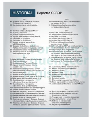 HISTORIAL Reportes CESOP
2011
49. Glosa del Quinto Informe de Gobierno
(Políticas social y exterior)
50. Una perspectiva de opinión pública
2012
51. Residuos sólidos urbanos en México
52. Mujeres y elecciones
53. Jóvenes: optimismo moderado
54. Algunas notas sobre la opinión pública
55. Elecciones 2012 (Tomo I)
56. Elecciones 2012 (Tomo II)
57. Algunos temas de la agenda en
la LXII Legislatura
58. Glosa del Sexto Informe de Gobierno
(Políticas interior, económica, social y exterior)
59. Temas selectos para el presupuesto de 2013
60. Reforma pública de la administración
pública federal Vols. I y II
2013
61. Notas acerca de la Cruzada contra el Hambre
62. Órganos reguladores
63. Notas acerca del Pacto por México
64. Algunas características del sistema
educativo Vol. I
65. Particularidades comparadas y opinión
pública acerca del Sistema Educativo Vol. III
66. Reforma energética
67. Notas acerca de la reforma ﬁscal
68. Notas acerca del Primer Informe de Gobierno
69. Notas acerca del presupuesto federal 2014
70. Consideraciones y prospectiva
sobre temas de la agenda nacional
71. Consideraciones y prospectiva
sobre temas de la agenda nacional
72. Consideraciones en torno a la reforma energética
73. Apuntes sobre la reforma política
74. Derechos indígenas y armonización legislativa
75. Componentes del Índice de Desarrollo Humano
76. Consideraciones en torno a la reforma energética
77. Algunos temas en materia social
78. Reformas estructurales y Glosa del Segundo
Informe de Gobierno (políticas económica e interior)
79. Reformas estructurales y Glosa del Segundo
Informe de Gobierno (políticas interior y social)
2014
80. Consideraciones acerca del presupuesto
de egresos de 2015
81. Diálogo intercultural: problemática
de los pueblos indígenas
2015
82. El TLCAN veinte años depués
83. Transparencia y rendición de cuentas
84. Migración y pobreza
85. Jornada electoral 2015 Vol. I
86. Jornada electoral 2015 Vol. II
87. Políticas públicas interculturales
para un mundo diverso
88. La Constitución de 1917 y el constitucionalismo
de los estados del Pacíﬁco (centro-sur)
89. Las paradojas de la megalópolis
90. Consideraciones en torno al Tercer Informe
de Gobierno del presidente Peña Nieto y
del proyecto de Presupuesto de 2016 Vol. I
91. Consideraciones en torno al Tercer Informe
de Gobierno del presidente Peña Nieto y
del proyecto de Presupuesto de 2016 Vol. II
2016
92. Audiencias públicas para la regulación
93. Mando Único en la Policía Federal
94. Movilidad urbana
95. Redes sociales
96. Planeación del desarrollo urbano
97. Megalópolis
98. Derechos sociales
99. El proceso presupuestario en México
100. Hacia la protección de los derechos humanos
101. Análisis de la problemática social en México
2017
102. Panorama económico de México 2017
103. El impacto de las especies exóticas
invasoras en México
104. Transparencia y rendición de cuentas
105. Agenda legislativa y temas aﬁnes
106. Pobreza en México desde
una visión interdisciplinaria
107. Ley de Seguridad Interior
 