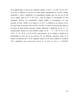 142
En la siguiente figura se observa las condiciones iniciales, sin SGC y con SGC del año 2015,
en las que se simularon los procesos de ventas (incluye requerimientos de servicios), compras
(facturación y cobro) y distribución. Los requerimientos atendidos para este año son de 288
con un ingreso anual de S/.17 196 218.71, como los ingresos se incrementarán en 10%
anualmente, entonces, los requerimientos anuales también se incrementaran. El costo
promedio de horas- hombre en la empresa es S/.24.51. La eficiencia de los procesos son de
65% para todos los procesos tanto sin SGC y con SGC. El número de personas que trabaja en
el proceso de ventas (incluye servicios), compras, almacenaje y distribución son 22, 3, 1 y 2
respectivamente, además, los costos laborales anuales son de S/. 1 366 711.50, S/. 186
369.75, S/. 62 123.25 y S/.124 246.50 respectivamente. Se ha realizado el cálculo de la
productividad de cada uno de los procesos con sus eficiencias respectivas. Luego se ha
sumado la producción neta y se ha comparado respecto de las ventas realizadas en el periodo
2015, obteniéndose una productividad parcial de la mano de obra de 1.44518284.
 
