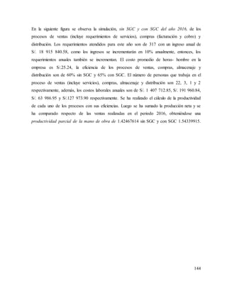 144
En la siguiente figura se observa la simulación, sin SGC y con SGC del año 2016, de los
procesos de ventas (incluye requerimientos de servicios), compras (facturación y cobro) y
distribución. Los requerimientos atendidos para este año son de 317 con un ingreso anual de
S/. 18 915 840.58, como los ingresos se incrementarán en 10% anualmente, entonces, los
requerimientos anuales también se incrementan. El costo promedio de horas- hombre en la
empresa es S/.25.24, la eficiencia de los procesos de ventas, compras, almacenaje y
distribución son de 60% sin SGC y 65% con SGC. El número de personas que trabaja en el
proceso de ventas (incluye servicios), compras, almacenaje y distribución son 22, 3, 1 y 2
respectivamente, además, los costos laborales anuales son de S/. 1 407 712.85, S/. 191 960.84,
S/. 63 986.95 y S/.127 973.90 respectivamente. Se ha realizado el cálculo de la productividad
de cada uno de los procesos con sus eficiencias. Luego se ha sumado la producción neta y se
ha comparado respecto de las ventas realizadas en el periodo 2016, obteniéndose una
productividad parcial de la mano de obra de 1.42467614 sin SGC y con SGC 1.54339915.
 