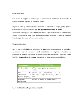 Compras inventario
Para el caso de compras de productos que se comercializan, la identificación de la necesidad de
reponer inventarios se realiza de la siguiente manera:
El jefe de ventas y servicios reporta la necesidad de reposición de equipos, partes, piezas o
consumibles por medio del formato SGC-F9 Pedido de Importación de Bienes.
El encargado de Logística, con la información recibida y previa aprobación de administración y
finanzas y/o gerencia de ventas emite la orden de compra al proveedor. En donde se encuentran
todas las especificaciones de los productos a adquirir.
Compras no inventario
Para el caso de adquisición de productos y servicios como mantenimiento de las instalaciones
de almacén, taller de servicios o local administrativo, los responsables identifican sus
necesidades y gestionan directamente su adquisición con los proveedores a través del formato
SGC-F10 Requerimiento de compra, si conociera los límites de compra establecidos.
RESPONSABLE TIPO DE COMPRA
Jefe de servicios EPPs, partes, piezas y consumibles para
servicios.
Jefe de
administración y
finanzas (Logística)
Servicio de mantenimiento de las
instalaciones, compra de muebles, pólizas y
otros.
Secretaria-
Recepcionista
Artículos de oficina, de limpieza y otros.
7.4.3 Verificación de los productos comprados
 