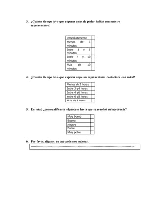 3. ¿Cuánto tiempo tuvo que esperar antes de poder hablar con nuestro
representante?
Inmediatamente
Menos de 3
minutos
Entre 3 y 5
minutos
Entre 5 y 10
minutos
Más de 10
minutos
4. ¿Cuánto tiempo tuvo que esperar a que un representante contactara con usted?
Menos de 2 horas
Entre 2 y 4 horas
Entre 4 y 6 horas
entre 6 y 8 horas
Más de 8 horas
5. En total, ¿cómo calificaría el proceso hasta que se resolvió su incedencia?
Muy bueno
Bueno
Neutro
Pobre
Muy pobre
6. Por favor, díganos en que podemos mejorar.
………………………………………………………………………………………..
 