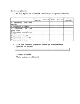 C.- Nivel de satisfacción
7. Por favor, díganos cuál es su nivel de satisfacción con las siguientes afirmaciones.
Completamente
de acuerdo
De acuerdo Neutral Desacuerdo
Completamente
desacuerdo
El representante estaba bien
informado
El representante fue paciente
El representante tuvo una
actitud positiva
El representante escuchaba con
atención
El representante fue amable
El representante fue responsable
El representante fue cortés
8. ¿Tiene algún comentario o sugerencia adicional que hacernos sobre su
experiencia con nosotros?
……………………………………………………………………………………….
La encuesta ha concluido.
¡Muchas gracias por su colaboración!
 