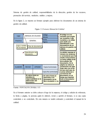 26
Sistema de gestión de calidad, responsabilidades de la dirección, gestión de los recursos,
prestación del servicio, medición, análisis y mejora.
En la figura 2, se muestra un formato ejemplo para elaborar los documentos de un sistema de
gestión de calidad.
Figura 2: Formato Manual de Calidad
Fuente: FONTALVO 2010(b): 115
En el formato anterior se debe colocar el logo de la empresa, el código y edición de referencia,
la fecha y página, la persona quién lo elaboró, revisó y aprobó el formato, si es una copia
controlada o no controlada. De esta manera se tendrá ordenado y controlado el manual de la
calidad.
Código
Edición
Fecha
Página
ELABORÓ REVISÓ APROBÓ Copia Controlada:
Copia No controlada:
Logo MANUAL DE CALIDAD
GENERAL
Empresa
Logo y nombre
de la empresa
Tipo de documento
El código es una
notación que puede
ser numérica o alfa
numérica y se utiliza
para darle una
identificación a los
documentos de un
sistema de gestión de
calidad.
La edición expresa el
número de versiones
o correcciones que ha
tenido el documento.
La fecha refleja el día
de la edición del
documento. En la
página se coloca el
consecutivo de cada
hoja; esto con el fin
de que enel caso de
nuevas ediciones o
correciones del
documento no se
tenga que imprimir
todo el documento
nuevamente.
Especificación del
documento
En estos items se
establece la
responsabilidad en la
elaboración del
documento.
En estos items se
determina si el
documento es de
libre circulación o no.
 