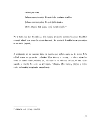 55
Dólares por acción.
Dólares como porcentaje del costo de los productos vendidos.
Dólares como porcentaje del costo de fabricación.
Efecto del costo de la calidad sobre el punto muerto.24
Por lo tanto para fines de análisis de éste proyecto profesional usaremos los costos de calidad
mensual, utilidad neta versus las ventas (ingresos) y los costos de la calidad como porcentajes
de las ventas (ingresos).
A continuación en las siguientes figuras se muestran dos gráficos acerca de los costos de la
calidad: costos de prevención, evaluación, fallos internos y externos. La primera como los
costos de calidad como porcentaje (%) del costo de las unidades servidas por mes. En la
segunda se muestra los costos de prevención, evaluación, fallos internos, externos y costos
totales de la calidad comparados mensualmente.
24 GRIMM, A.F (1974) : 190-200
 