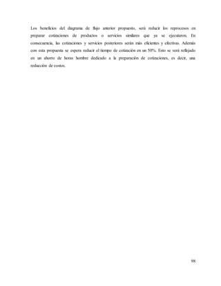 98
Los beneficios del diagrama de flujo anterior propuesto, será reducir los reprocesos en
preparar cotizaciones de productos o servicios similares que ya se ejecutaron. En
consecuencia, las cotizaciones y servicios posteriores serán más eficientes y efectivas. Además
con esta propuesta se espera reducir el tiempo de cotización en un 50%. Esto se verá reflejado
en un ahorro de horas hombre dedicado a la preparación de cotizaciones, es decir, una
reducción de costos.
 