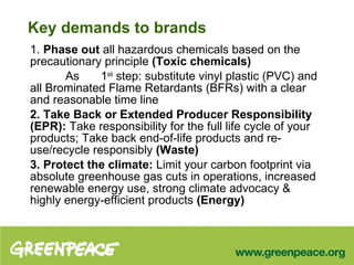Key demands to brands 1.  Phase out  all hazardous chemicals based on the precautionary principle  (Toxic chemicals) As 1 st  step: substitute vinyl plastic (PVC) and all Brominated Flame Retardants (BFRs) with a clear and reasonable time line  2. Take Back or Extended Producer Responsibility (EPR):  Take responsibility for the full life cycle of your products; Take back end-of-life products and re-use/recycle responsibly  (Waste)  3. Protect the climate:  Limit your carbon footprint via absolute greenhouse gas cuts in operations, increased renewable energy use, strong climate advocacy & highly energy-efficient products  (Energy) 