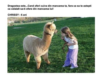 Dragostea este...Cand oferi cuiva din mancarea ta, fara ca sa te astepti ca celalalt sa-ti ofere din mancarea lui!  CHRISSY - 6 ani 