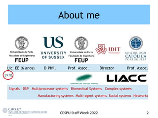 About me
2
CESPU Staf Week 2022
Lic. EE (6 anos) D.Phil. Prof. Assoc. Director Prof. Assoc
Signals DSP Multiprocessor systems Biomedical Systems Complex systems
Manufacturing systems Multi-agent systems Social systems Networks
Lic. EE (6 anos) D.Phil. Prof. Assoc. Director Prof. Assoc
Lic. EE (6 anos) D.Phil. Prof. Assoc. Director Prof. Assoc.
1970
 