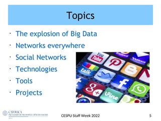Topics
•
The explosion of Big Data
•
Networks everywhere
•
Social Networks
•
Technologies
•
Tools
•
Projects
5
CESPU Staf Week 2022
 