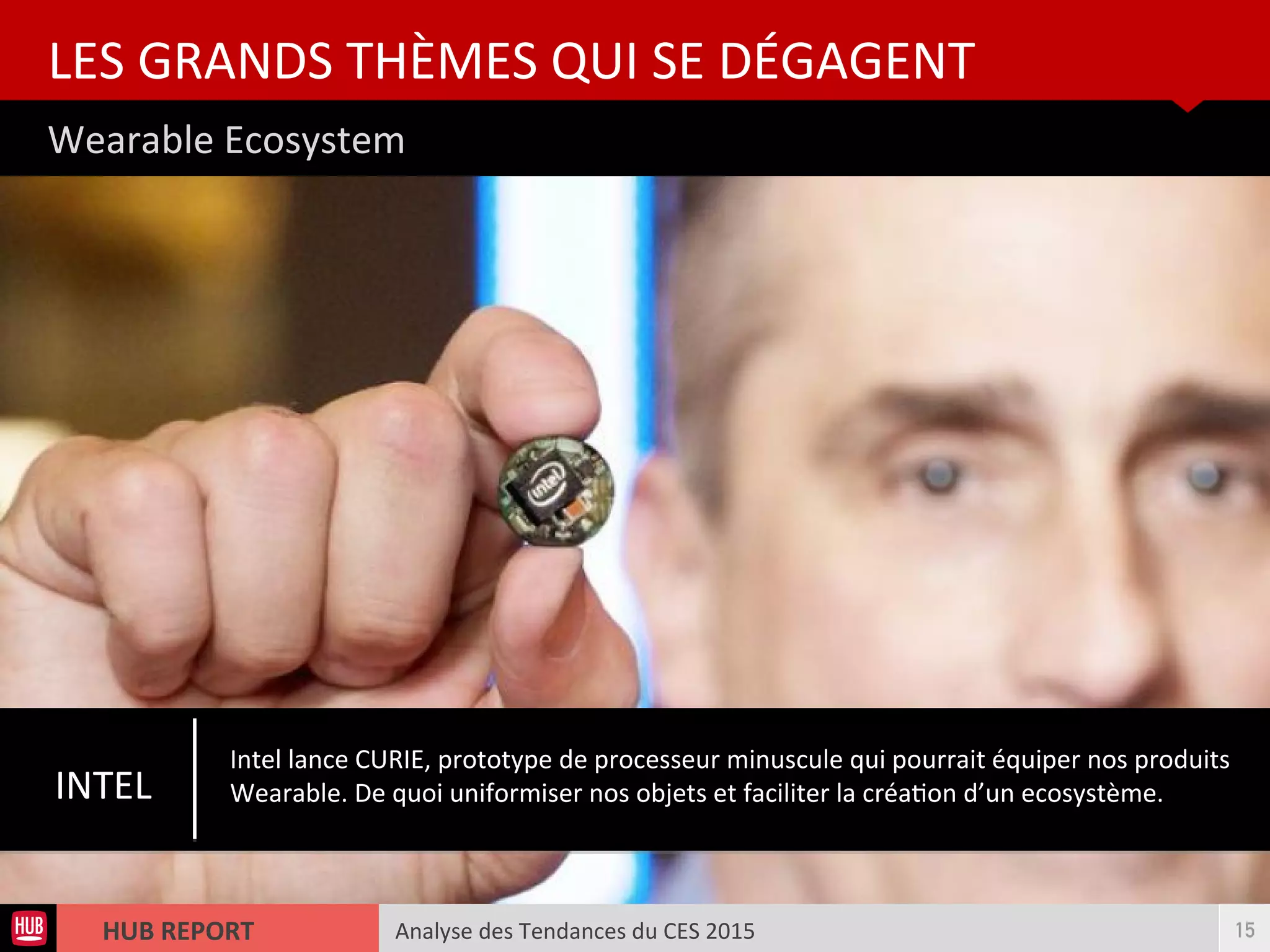Analyse des Tendances du CES 2015HUB REPORT
Wearable Ecosystem
LES GRANDS THÈMES QUI SE DÉGAGENT
15
INTEL
Intel lance CURIE, prototype de processeur minuscule qui pourrait équiper nos produits
Wearable. De quoi uniformiser nos objets et faciliter la créaton d’un ecosystème.
 