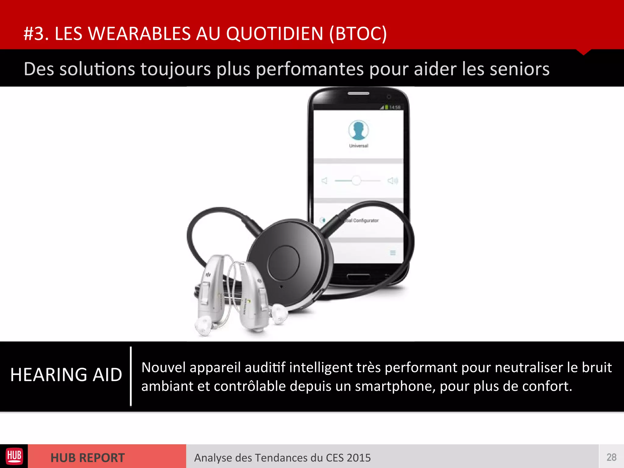 Analyse des Tendances du CES 2015HUB REPORT
Des solutons toujours plus perfomantes pour aider les seniors
#3. LES WEARABLES AU QUOTIDIEN (BTOC)
28
HEARING AID Nouvel appareil auditf intelligent très performant pour neutraliser le bruit
ambiant et contrôlable depuis un smartphone, pour plus de confort.
 