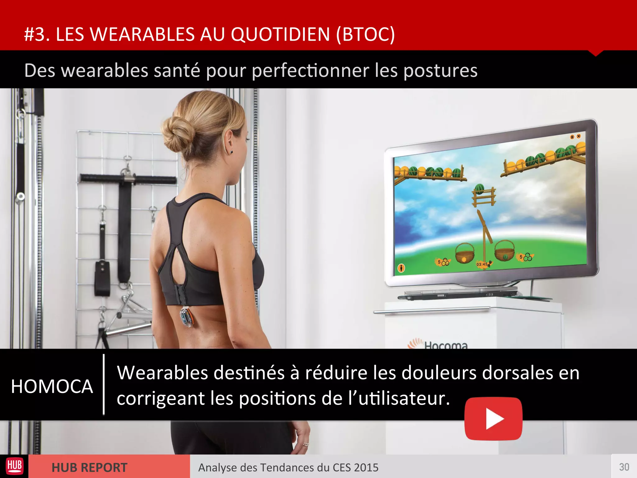 Analyse des Tendances du CES 2015HUB REPORT
Des wearables santé pour perfectonner les postures
#3. LES WEARABLES AU QUOTIDIEN (BTOC)
30
HOMOCA
Wearables destnés à réduire les douleurs dorsales en
corrigeant les positons de l’utlisateur.
 