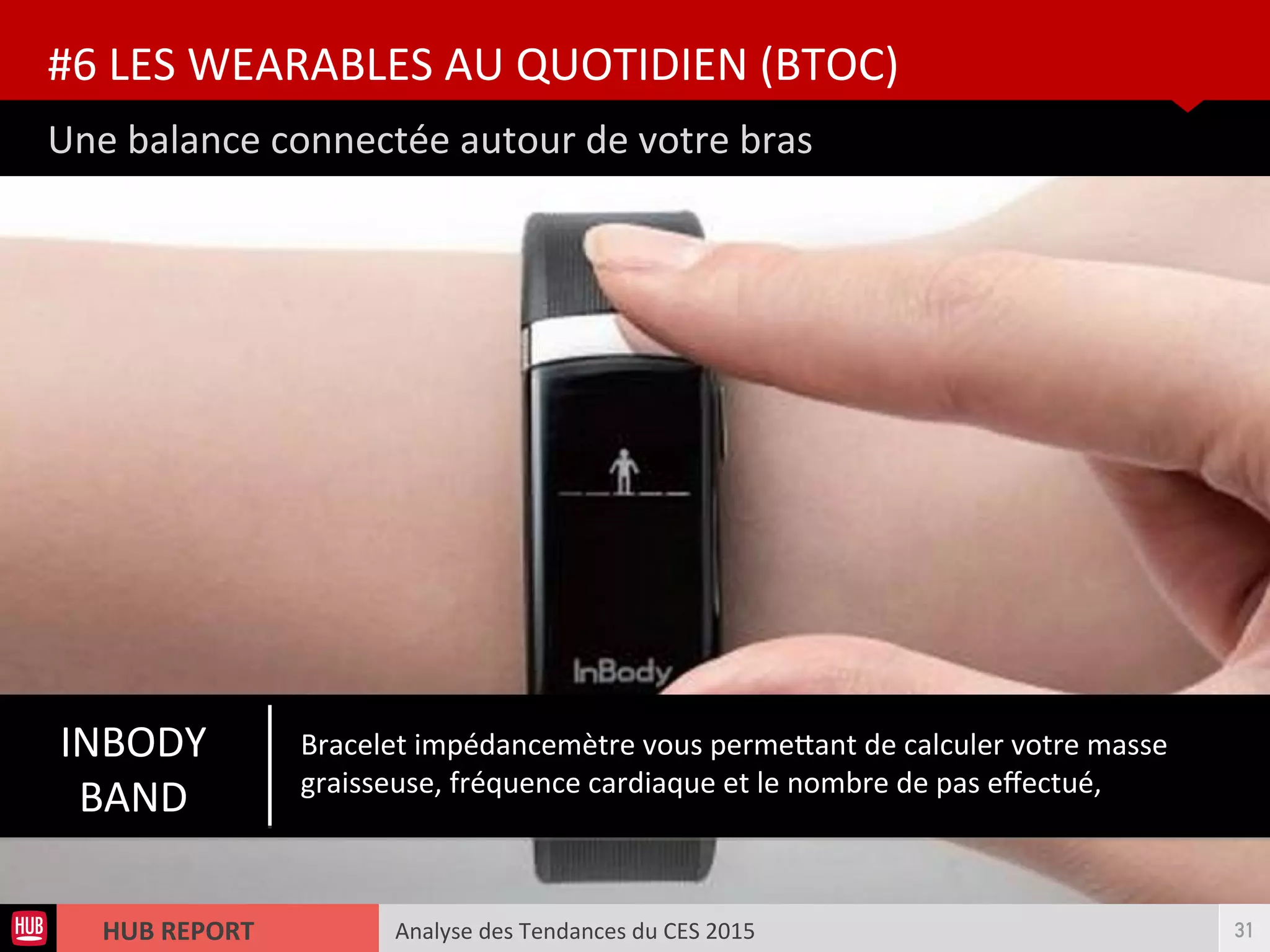 Analyse des Tendances du CES 2015HUB REPORT
Une balance connectée autour de votre bras
#6 LES WEARABLES AU QUOTIDIEN (BTOC)
31
INBODY
BAND
Bracelet impédancemètre vous permetant de calculer votre masse
graisseuse, fréquence cardiaque et le nombre de pas efectué,
 