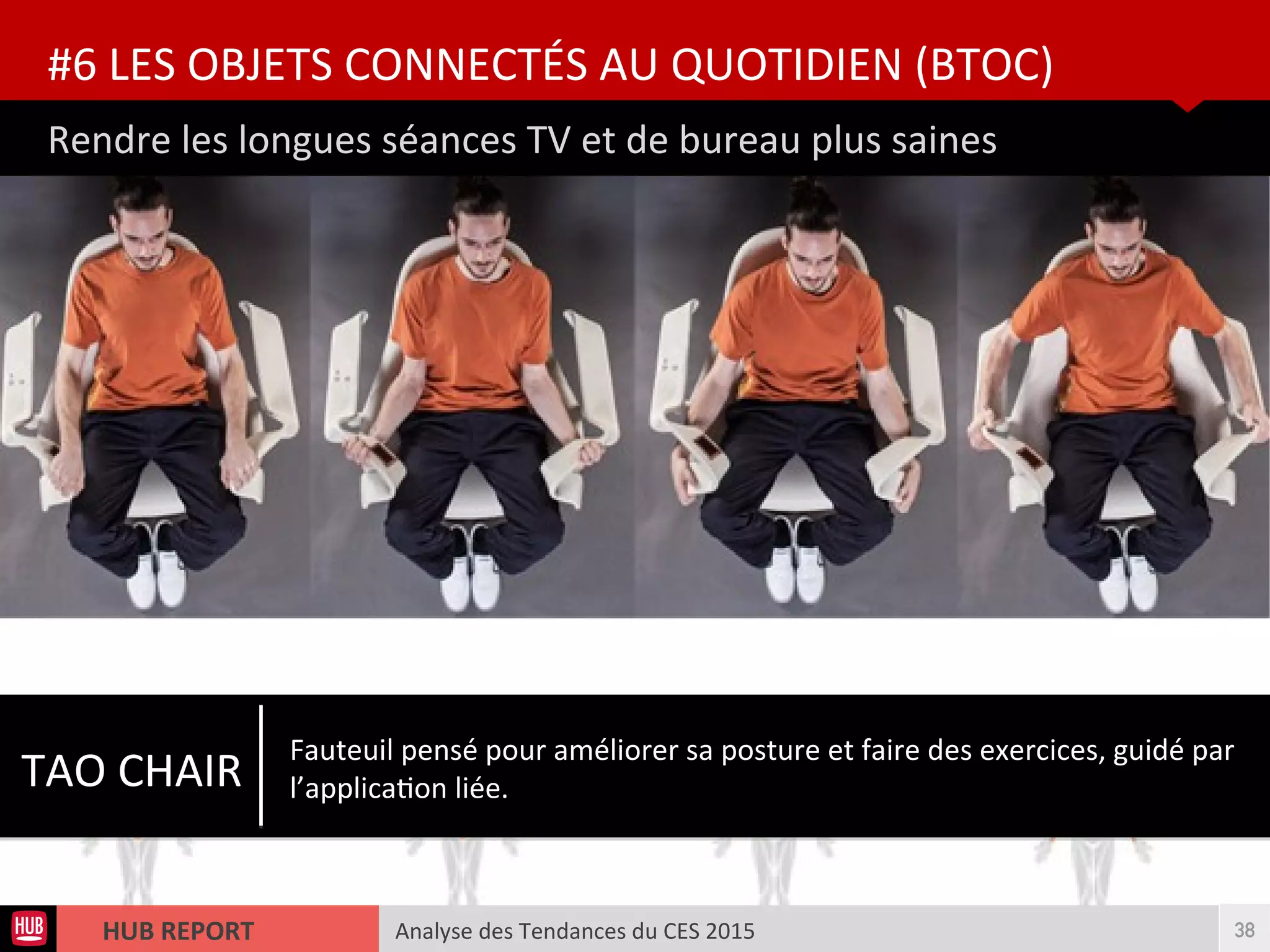 Analyse des Tendances du CES 2015HUB REPORT
Rendre les longues séances TV et de bureau plus saines
#6 LES OBJETS CONNECTÉS AU QUOTIDIEN (BTOC)
38
TAO CHAIR
Fauteuil pensé pour améliorer sa posture et faire des exercices, guidé par
l’applicaton liée.
 
