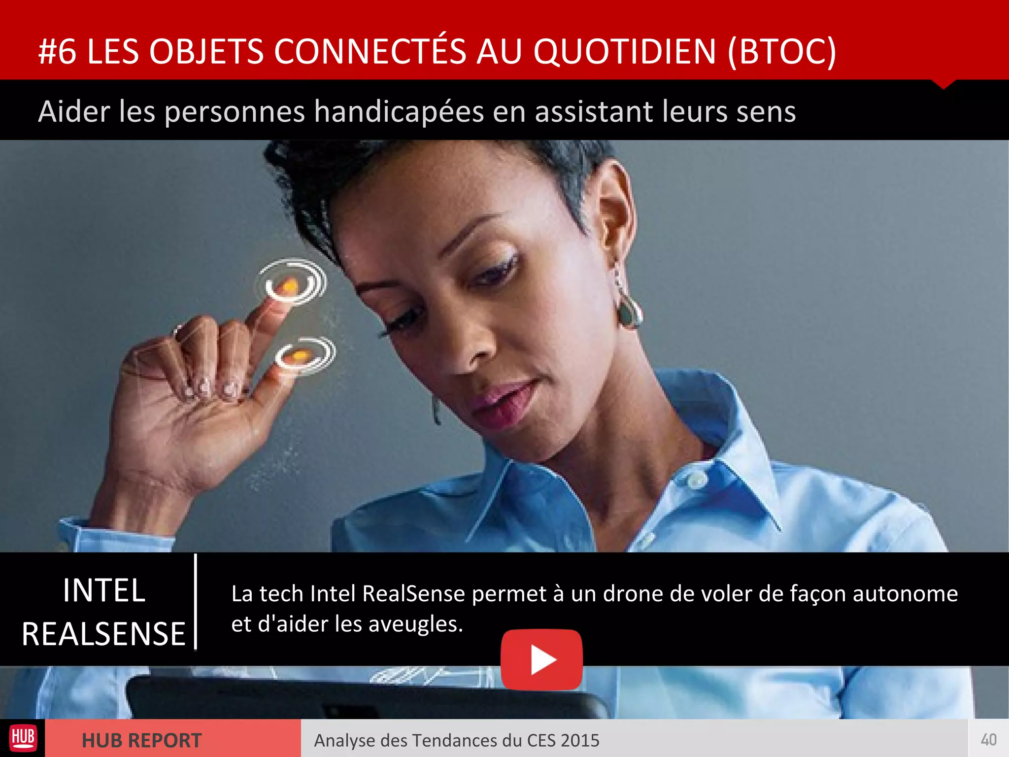 Analyse des Tendances du CES 2015HUB REPORT
Aider les personnes handicapées en assistant leurs sens
#6 LES OBJETS CONNECTÉS AU QUOTIDIEN (BTOC)
40
INTEL
REALSENSE
La tech Intel RealSense permet à un drone de voler de façon autonome
et d'aider les aveugles.
 