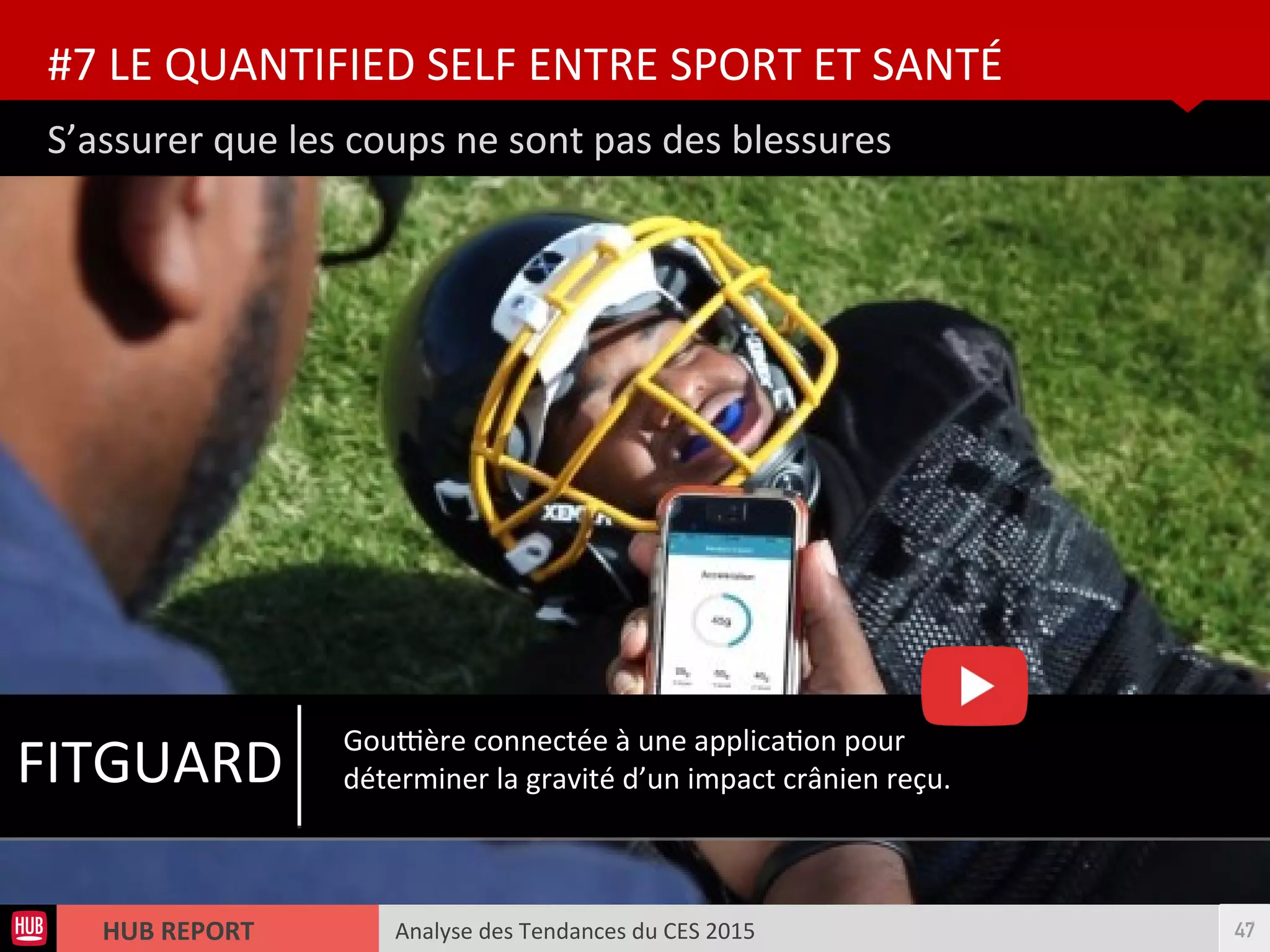 Analyse des Tendances du CES 2015HUB REPORT
S’assurer que les coups ne sont pas des blessures
#7 LE QUANTIFIED SELF ENTRE SPORT ET SANTÉ
47
Goutère connectée à une applicaton pour
déterminer la gravité d’un impact crânien reçu.FITGUARD
 