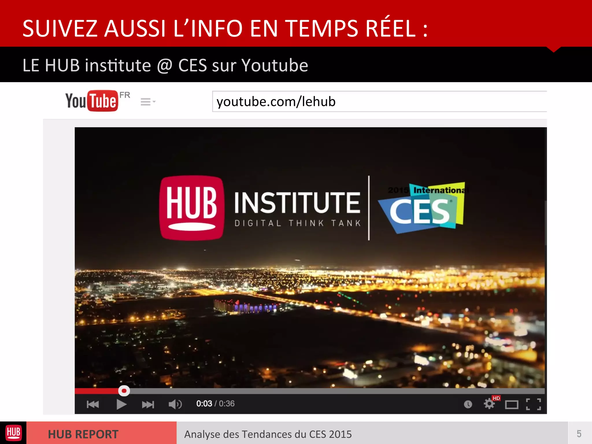 Analyse des Tendances du CES 2015HUB REPORT
LE HUB insttute @ CES sur Youtube
SUIVEZ AUSSI L’INFO EN TEMPS RÉEL :
5
youtube.com/lehub
 