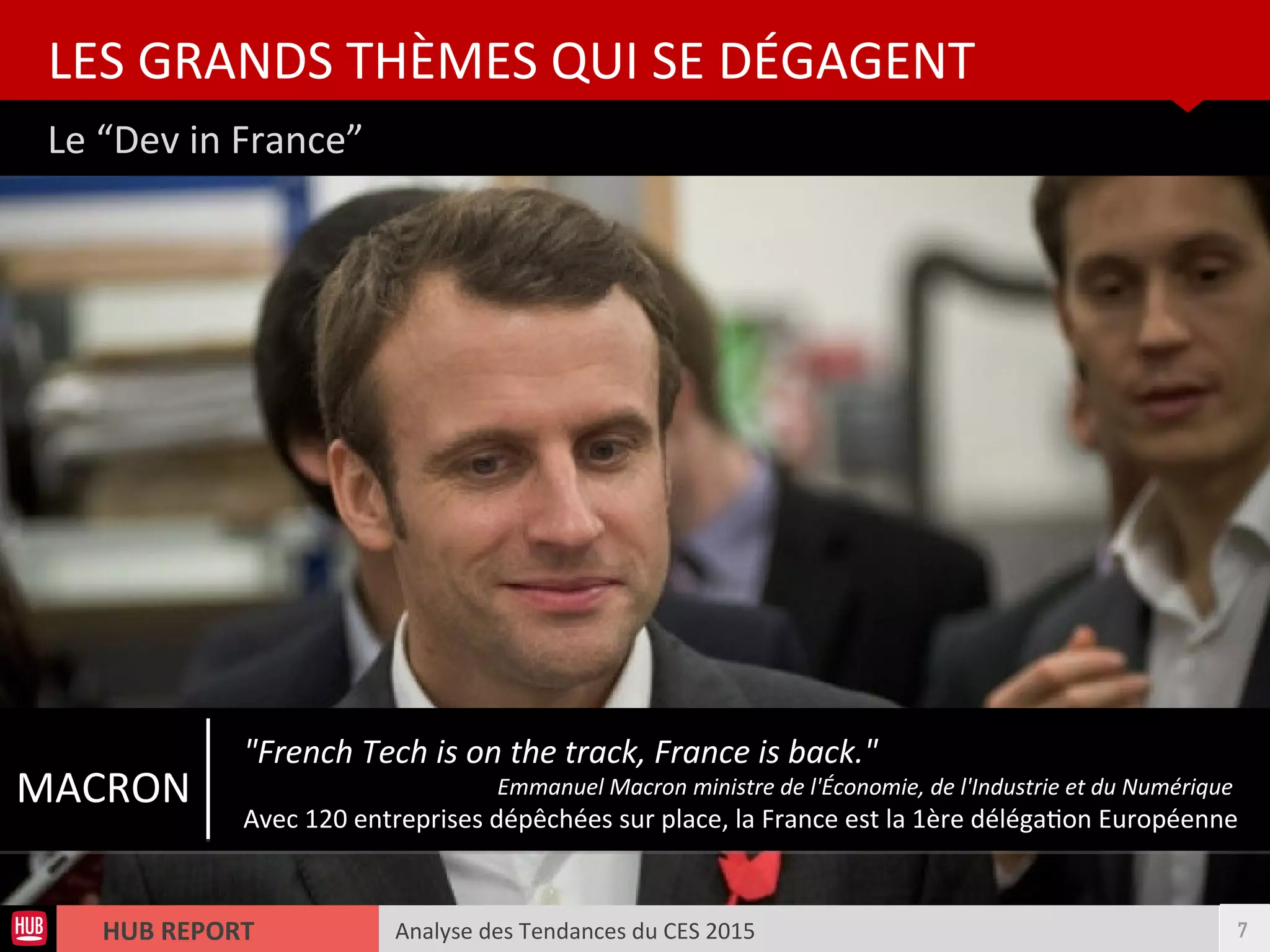 Analyse des Tendances du CES 2015HUB REPORT
Le “Dev in France”
LES GRANDS THÈMES QUI SE DÉGAGENT
7
MACRON
"French Tech is on the track, France is back."
Emmanuel Macron ministre de l'Économie, de l'Industrie et du Numérique
Avec 120 entreprises dépêchées sur place, la France est la 1ère délégaton Européenne
 