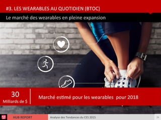 Analyse des Tendances du CES 2015HUB REPORT
Le marché des wearables en pleine expansion
#3. LES WEARABLES AU QUOTIDIEN (BTOC)
24
30
Milliards de $
Marché estmé pour les wearables pour 2018
 