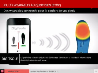 Analyse des Tendances du CES 2015HUB REPORT
Des wearables connectés pour le confort de vos pieds
#3. LES WEARABLES AU QUOTIDIEN (BTOC)
33
DIGITSOLE La première semelle chaufante connectée combinant la récolte d’ informatons
d’actvités et de température.
 