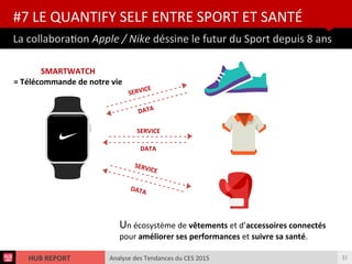 Analyse des Tendances du CES 2015HUB REPORT
La collaboraton Apple / Nike déssine le futur du Sport depuis 8 ans
#7 LE QUANTIFY SELF ENTRE SPORT ET SANTÉ
51
- - - - - - - - - - - - - - - - -
- - - - - - - - - - - - - - - - -
- - - - - - - - - - - - - - - - -
Un écosystème de vêtements et d’accessoires connectés
pour améliorer ses performances et suivre sa santé.
SMARTWATCH
= Télécommande de notre vie
DATA
DATA
SERVICE
SERVICE
- - - - - - - - - - - - - - - - -
- - - - - - - - - - - - - - - - -
SERVICE
- - - - - - - - - - - - - - - - -DATA
 
