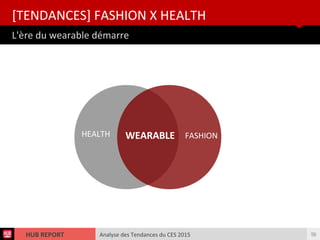 Analyse des Tendances du CES 2015HUB REPORT
L'ère du wearable démarre
[TENDANCES] FASHION X HEALTH
56
HEALTH FASHIONWEARABLE
 