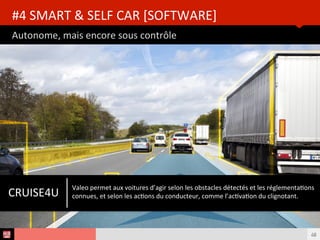 Analyse des Tendances du CES 2015HUB REPORT
Autonome, mais contrôlable si besoin
#4 SMART & SELF CAR [SOFTWARE]
48
CRUISE4U Valeo permet aux voitures d’agir selon les obstacles détectés et les réglementatons
connues, et selon les actons du conducteur, comme l’actvaton du clignotant.
 
