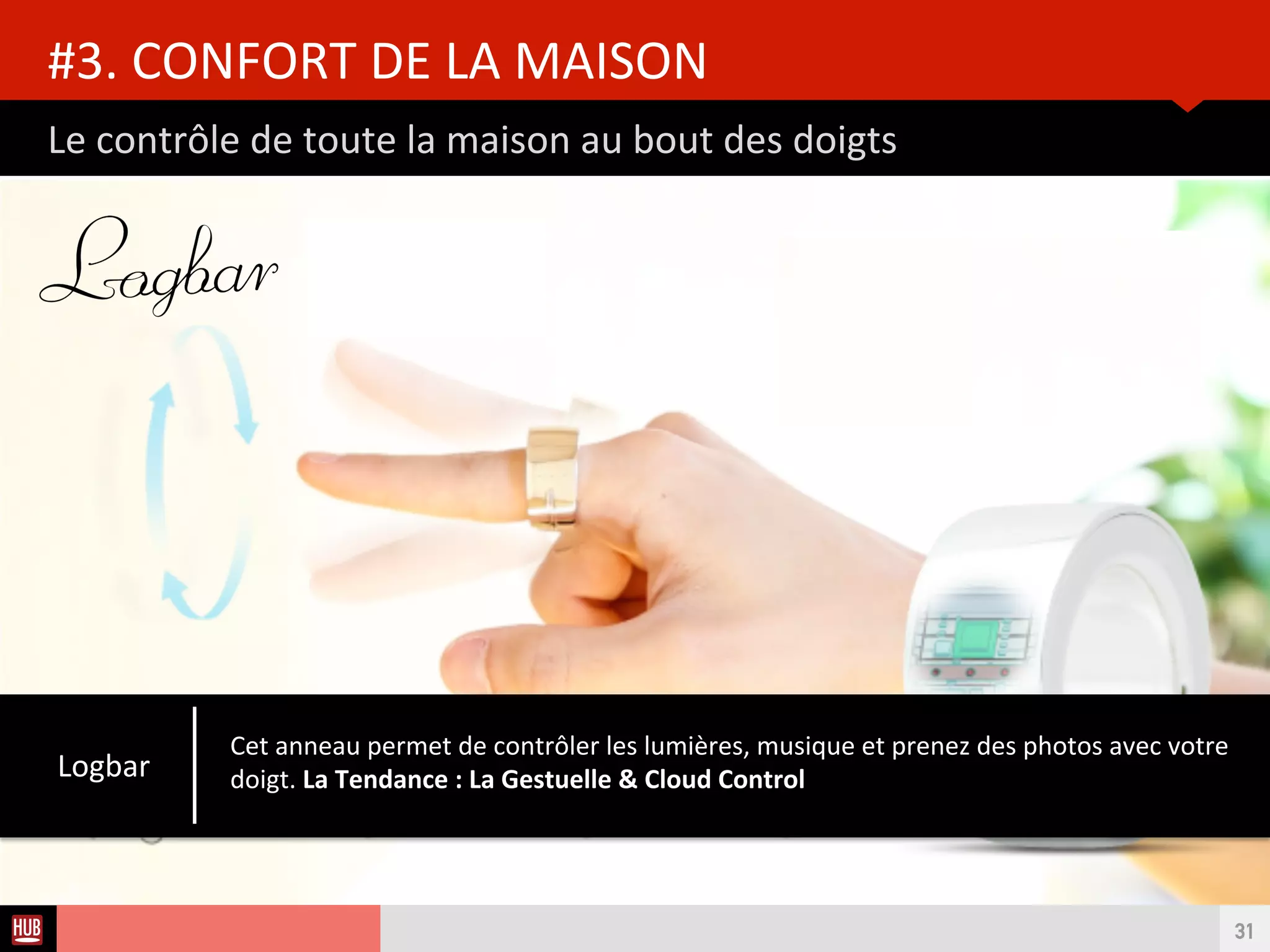 Analyse des Tendances du CES 2015HUB REPORT
App de geston du confort de la maison
#3. CONFORT DE LA MAISON
31
DJI
EVE
Gérer plus intelligemment sa maison grâce aux informatons détaillées en temps réel
directement depuis votre iPhone ou iPad
 