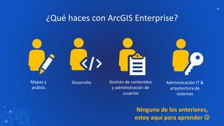 ¿Qué haces con ArcGIS Enterprise?
DesarrolloMapas y
análisis
Administración IT &
arquitectura de
sistemas
Gestión de contenidos
y administración de
usuarios
Ninguno de los anteriores,
estoy aquí para aprender ☺
 