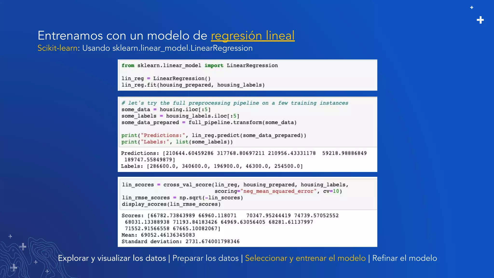 Entrenamos con un modelo de regresión lineal
Explorar y visualizar los datos | Preparar los datos | Seleccionar y entrenar el modelo | Reﬁnar el modelo
Scikit-learn: Usando sklearn.linear_model.LinearRegression
 