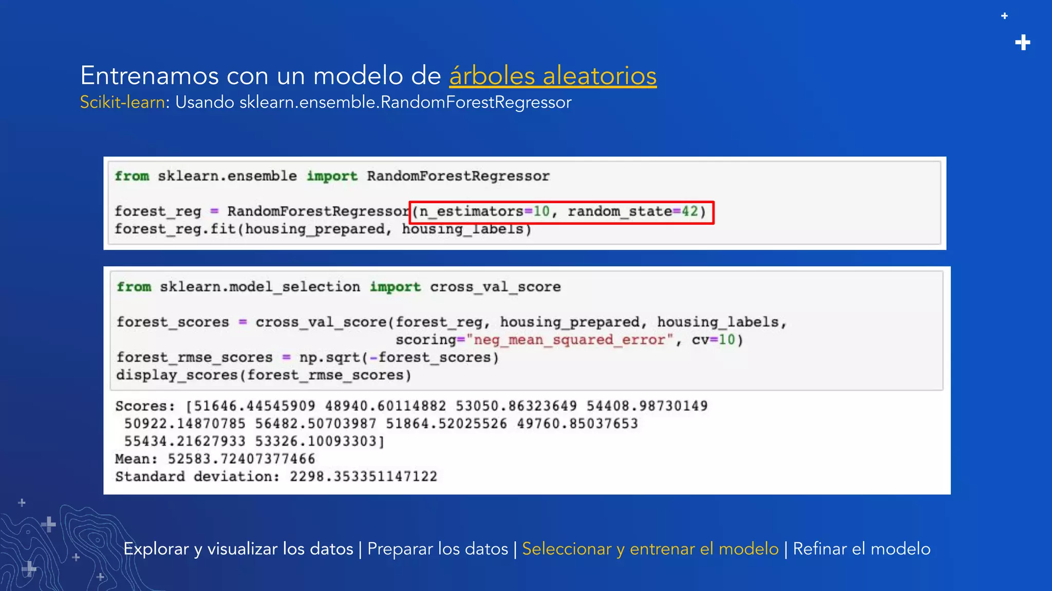 Entrenamos con un modelo de árboles aleatorios
Explorar y visualizar los datos | Preparar los datos | Seleccionar y entrenar el modelo | Reﬁnar el modelo
Scikit-learn: Usando sklearn.ensemble.RandomForestRegressor
 