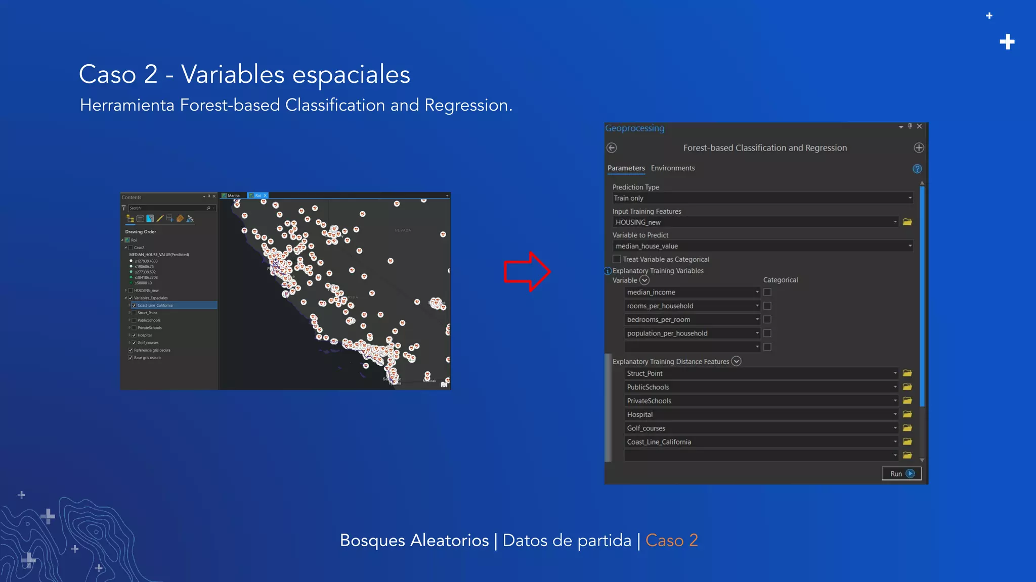 Caso 2 - Variables espaciales
Bosques Aleatorios | Datos de partida | Caso 2
Herramienta Forest-based Classiﬁcation and Regression.
 