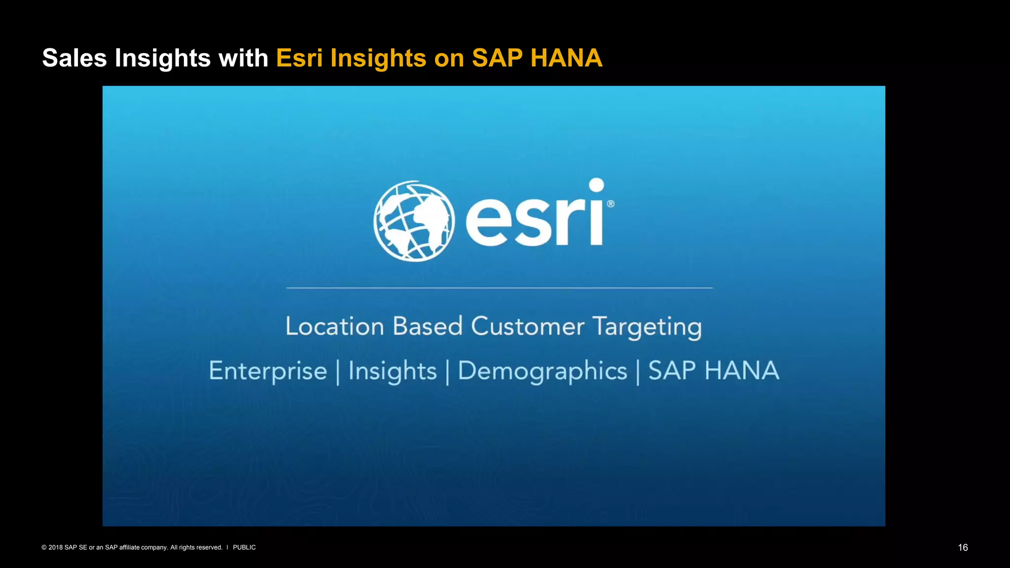 16PUBLIC© 2018 SAP SE or an SAP affiliate company. All rights reserved. ǀ
Sales Insights with Esri Insights on SAP HANA
 