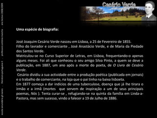 escola secundária gil eanes  .  literatura portuguesa II  .  professora antónia mancha  .  ano lectivo 2008/2009 Uma espécie de biografia: José Joaquim Cesário Verde nasceu em Lisboa, a 25 de Fevereiro de 1855. Filho do lavrador e comerciante , José Anastácio Verde, e de Maria da Piedade dos Santos Verde. Matriculou-se no Curso Superior de Letras, em Lisboa, frequentando-o apenas alguns meses. Foi ali que conheceu o seu amigo Silva Pinto, a quem se deve a publicação, em 1887, um ano após a morte do poeta, de  O Livro de Cesário Verde .  Cesário dividiu a sua actividade entre a produção poética (publicada em jornais) e o trabalho de comerciante, na loja que o pai tinha na baixa lisboeta. Em 1877 começa a dar indícios de uma tuberculose, doença que já lhe tirara o irmão e a irmã (mortes  que servem de inspiração a um de seus principais poemas,  Nós  ). Tenta curar-se , refugiando-se na quinta da família em Linda-a-Pastora, mas sem sucesso, vindo a falecer a 19 de Julho de 1886. 
