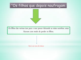 “Os filhos que depois naufragam
nas tormentas”
Os filhos das varinas iam para o mar pescar deixando as mães sozinhas, estas
ficavam com medo de perder os filhos.
Este é um verso de tristeza
 