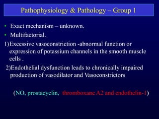 Pathophysiology & Pathology – Group 1
• Exact mechanism – unknown.
• Multifactorial.
1)Excessive vasoconstriction -abnormal function or
expression of potassium channels in the smooth muscle
cells .
2)Endothelial dysfunction leads to chronically impaired
production of vasodilator and Vasoconstrictors
(NO, prostacyclin, thromboxane A2 and endothelin-1)
 