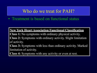 Who do we treat for PAH?
• Treatment is based on functional status
New York Heart Association Functional Classification
Class 1: No symptoms with ordinary physical activity.
Class 2: Symptoms with ordinary activity. Slight limitation
of activity.
Class 3: Symptoms with less than ordinary activity. Marked
limitation of activity.
Class 4: Symptoms with any activity or even at rest.
 