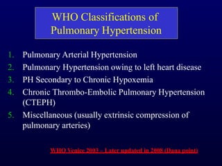 WHO Classifications of
Pulmonary Hypertension
1. Pulmonary Arterial Hypertension
2. Pulmonary Hypertension owing to left heart disease
3. PH Secondary to Chronic Hypoxemia
4. Chronic Thrombo-Embolic Pulmonary Hypertension
(CTEPH)
5. Miscellaneous (usually extrinsic compression of
pulmonary arteries)
WHO Venice 2003 – Later updated in 2008 (Dana point)
 
