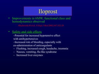 Iloprost
• Improvements in 6MW, functional class and
hemodynamics observed
Olschewski H et al. N Engl J Med 2002;347:322-29
• Safety and side effects
–Potential for increased hypotensive effect
with antihypertensives
–Increased risk of bleeding, especially with
co-administration of anticoagulants
– Flushing, increased cough, headache, insomnia
– Nausea, vomiting, flu-like syndrome
– Increased liver enzymes
 
