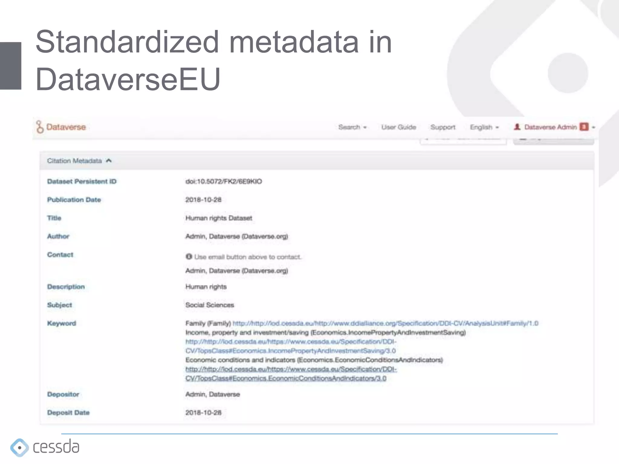 Standardized metadata in
DataverseEU
 