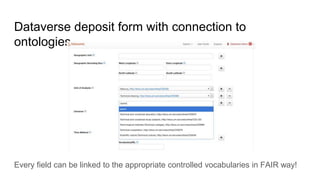 Dataverse deposit form with connection to
ontologies
Every field can be linked to the appropriate controlled vocabularies in FAIR way!
 