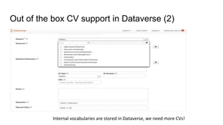 Out of the box CV support in Dataverse (2)
Internal vocabularies are stored in Dataverse, we need more CVs!
 