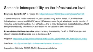 Semantic interoperability on the infrastructure level
Dataverse Semantic API in release 5.6: https://github.com/IQSS/dataverse/releases/tag/v5.6
“Dataset metadata can be retrieved, set, and updated using a new, flatter JSON-LD format -
following the format of an OAI-ORE export (RDA-conformant Bags), allowing for easier transfer of
metadata to/from other systems (i.e. without needing to know Dataverse's metadata block and field
storage architecture). This new API also allows for the update of terms metadata“.
External controlled vocabularies support is being developed by DANS in SSHOC project and
already integrated in Dataverse core in the release 5.7.
Proposal: https://docs.google.com/document/d/1txdcFuxskRx_tLsDQ7KKLFTMR_r9IBhorDu3V_r445w/
Interfaces: http://github.com/gdcc/dataverse-external-vocab-support
Integrations: Wikidata, ORCID, MeSH, Skosmos vocabularies
 