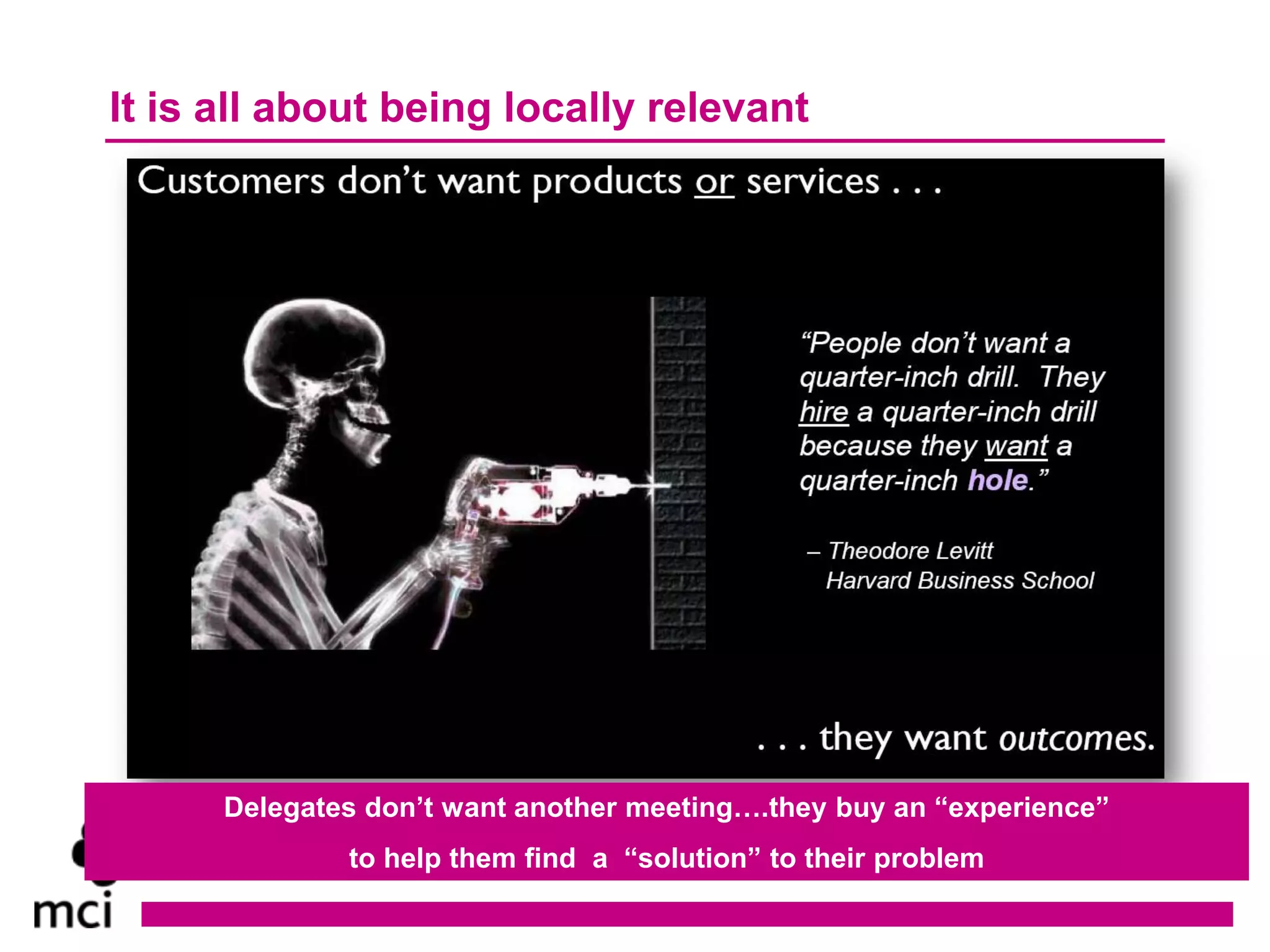 It is all about being locally relevant




      Delegates don’t want another meeting….they buy an “experience”
              to help them find a “solution” to their problem
 