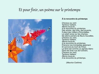 Et pour finir, un poème sur le printemps
À la rencontre du printemps
Cheveux au vent
Tambour battant,
Allons-nous-en,
A la rencontre du printemps.
Des arbres, des toits, des auvents,
Il pleut des milliers d'hirondelles.
Le soleil verse sur les champs,
De pleins paniers de fleurs nouvelles.
Cheveux au vent,
Tambour battant,
Allons-nous-en,
A la rencontre du printemps.
Prenons nos trompettes gaiement
Et sonnons la mort de l'hiver.
La terre est comme un agneau blanc
Dans les bras nus de l'univers.
Cheveux au vent,
Tambour battant,
Allons-nous-en,
A la rencontre du printemps.
(Maurice Carême)
 
