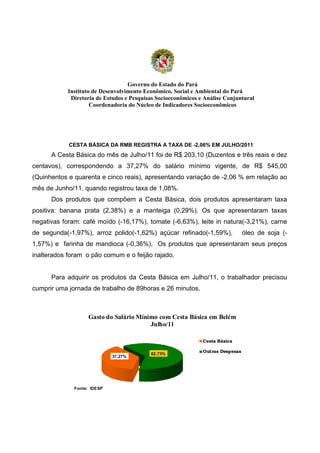Governo do Estado do Pará
            Instituto de Desenvolvimento Econômico, Social e Ambiental do Pará
             Diretoria de Estudos e Pesquisas Socioeconômicos e Análise Conjuntural
                     Coordenadoria do Núcleo de Indicadores Socioeconômicos




            CESTA BÁSICA DA RMB REGISTRA A TAXA DE -2,06% EM JULHO/2011
      A Cesta Básica do mês de Julho/11 foi de R$ 203,10 (Duzentos e três reais e dez
centavos), correspondendo a 37,27% do salário mínimo vigente, de R$ 545,00
(Quinhentos e quarenta e cinco reais), apresentando variação de -2,06 % em relação ao
mês de Junho/11, quando registrou taxa de 1,08%.
      Dos produtos que compõem a Cesta Básica, dois produtos apresentaram taxa
positiva: banana prata (2,38%) e a manteiga (0,29%). Os que apresentaram taxas
negativas foram: café moído (-16,17%), tomate (-6,63%), leite in natura(-3,21%), carne
de segunda(-1,97%), arroz polido(-1,62%) açúcar refinado(-1,59%),                óleo de soja (-
1,57%) e farinha de mandioca (-0,36%), Os produtos que apresentaram seus preços
inalterados foram o pão comum e o feijão rajado.


      Para adquirir os produtos da Cesta Básica em Julho/11, o trabalhador precisou
cumprir uma jornada de trabalho de 89horas e 26 minutos.



                   Gasto do Salário Mínimo com Cesta Básica em Belém
                                        Julho/11

                                                               Cesta Básica

                                                               Outras Despesas
                                           62,73%
                             37,27%




              Fonte: IDESP
 