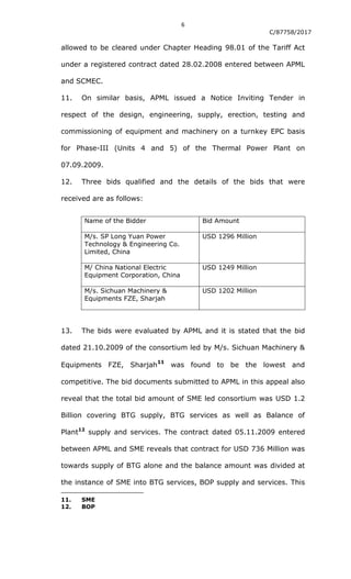 6
C/87758/2017
allowed to be cleared under Chapter Heading 98.01 of the Tariff Act
under a registered contract dated 28.02.2008 entered between APML
and SCMEC.
11. On similar basis, APML issued a Notice Inviting Tender in
respect of the design, engineering, supply, erection, testing and
commissioning of equipment and machinery on a turnkey EPC basis
for Phase-III (Units 4 and 5) of the Thermal Power Plant on
07.09.2009.
12. Three bids qualified and the details of the bids that were
received are as follows:
Name of the Bidder Bid Amount
M/s. SP Long Yuan Power
Technology & Engineering Co.
Limited, China
USD 1296 Million
M/ China National Electric
Equipment Corporation, China
USD 1249 Million
M/s. Sichuan Machinery &
Equipments FZE, Sharjah
USD 1202 Million
13. The bids were evaluated by APML and it is stated that the bid
dated 21.10.2009 of the consortium led by M/s. Sichuan Machinery &
Equipments FZE, Sharjah
11
was found to be the lowest and
competitive. The bid documents submitted to APML in this appeal also
reveal that the total bid amount of SME led consortium was USD 1.2
Billion covering BTG supply, BTG services as well as Balance of
Plant12
supply and services. The contract dated 05.11.2009 entered
between APML and SME reveals that contract for USD 736 Million was
towards supply of BTG alone and the balance amount was divided at
the instance of SME into BTG services, BOP supply and services. This
11. SME
12. BOP
 