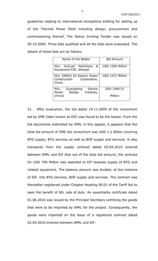 9
C/87758/2017
guidelines relating to international competitive bidding for setting up
of the Thermal Power Plant including design, procurement and
commissioning thereof. The Notice Inviting Tender was issued on
05.10.2009. Three bids qualified and all the bids were evaluated. The
details of these bids are as follows:
Name of the Bidder Bid Amount
M/s. Sichuan Machinery &
Equipment FZE, Sharjah
USD 1206 Million
M/s. SEPCO III Electric Power
Construction Corporation,
China
USD 1471 Million
M/s. Guangdong Electric
Power Design Institute,
ChinaJ
USD 1490.57
Million
21. After evaluation, the bid dated 19.11.2009 of the consortium
led by SME (later known as EIF) was found to be the lowest. From the
bid documents submitted by APRL in this appeal, it appears that the
total bid amount of SME led consortium was USD 1.2 Billion covering
BTG supply, BTG services as well as BOP supply and services. It also
transpires from the supply contract dated 02.04.2010 entered
between APRL and EIF that out of the total bid amount, the contract
for USD 790 Million was awarded to EIF towards supply of BTG and
related equipment. The balance amount was divided, at the instance
of EIF, into BTG services, BOP supply and services. The contract was
thereafter registered under Chapter Heading 98.01 of the Tariff Act to
seek the benefit of NIL rate of duty. An essentiality certificate dated
01.06.2010 was issued by the Principal Secretary certifying the goods
that were to be imported by APRL for the project. Consequently, the
goods were imported on the basis of a registered contract dated
02.04.2010 entered between APRL and EIF.
 